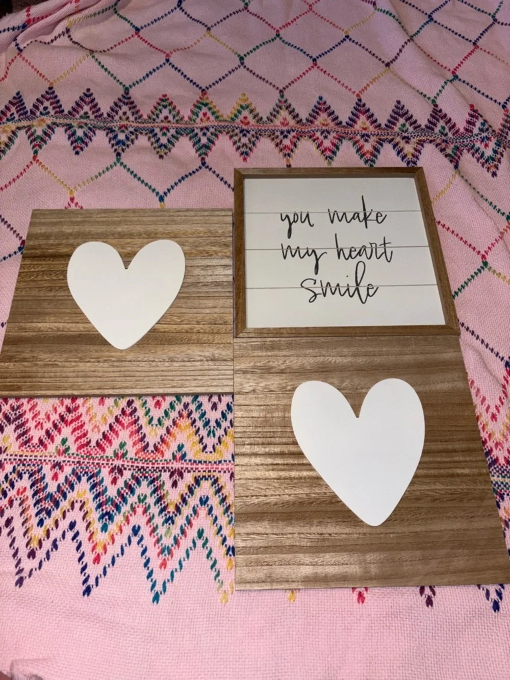 Wooden Heart Wall Art Set - White Hearts on Natural Wood